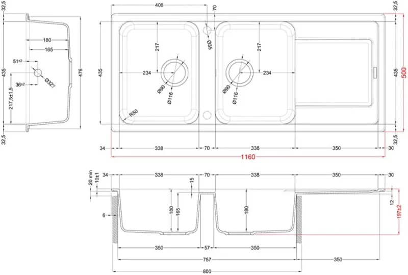 KITCHEN SINK ELLECI LIFE 500 NERO G40 2+1 116 CM LG250040 - 5